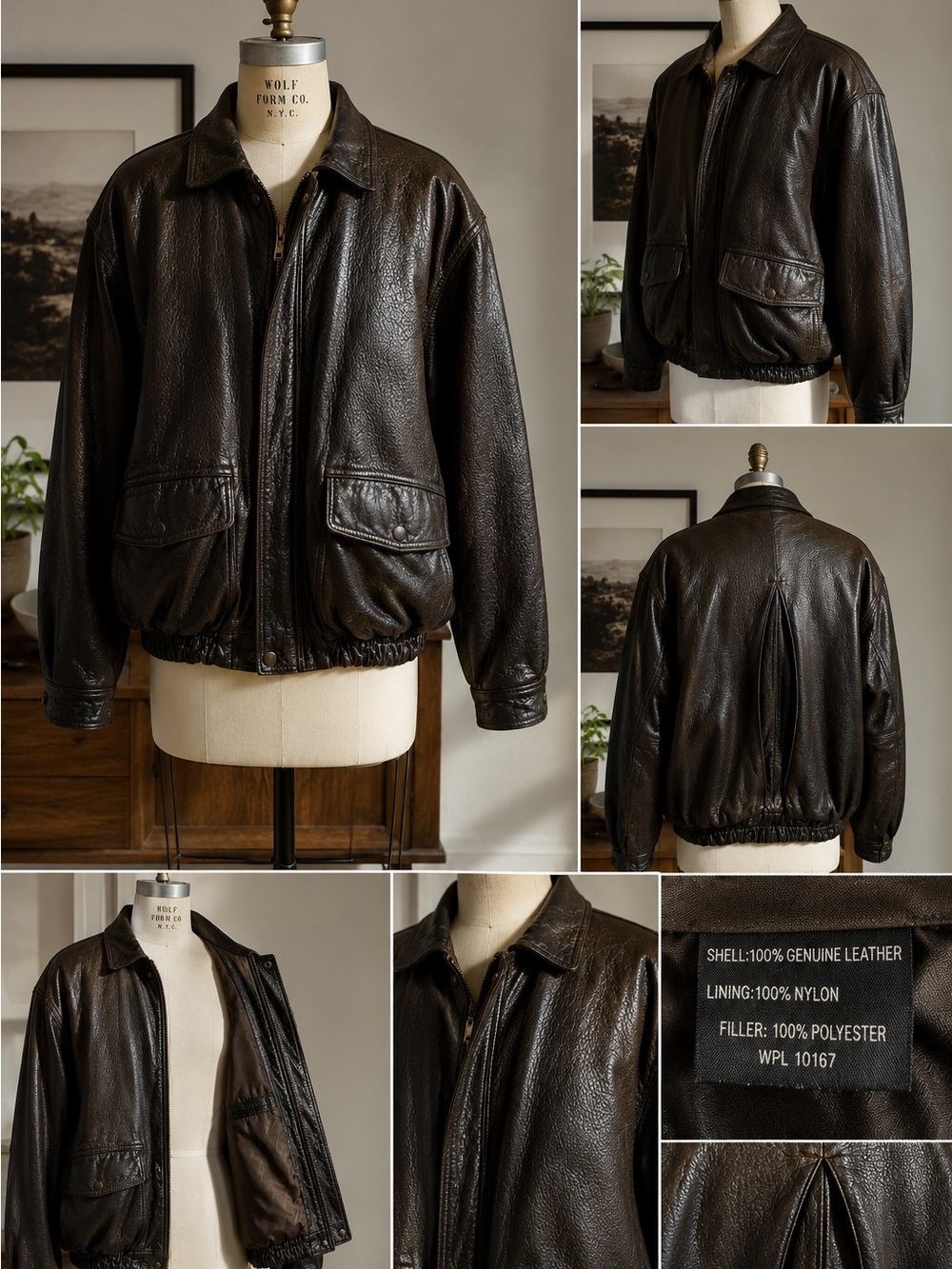 Vintage Oversized Genuine Leather Bomber Jacket Minimalist Brown Black